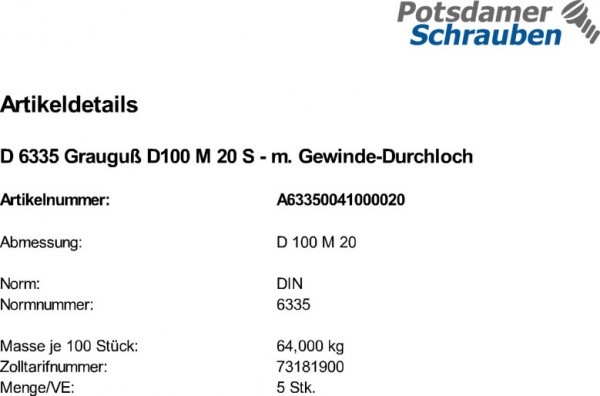 5 Kreuzgriffe DIN 6335 Grauguß D100 M20 m. Gewinde-Durchloch