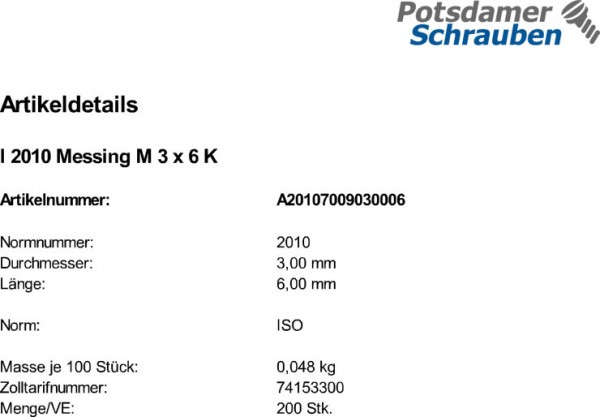 200 Linsensenkschrauben ISO 2010 Messing M3x6