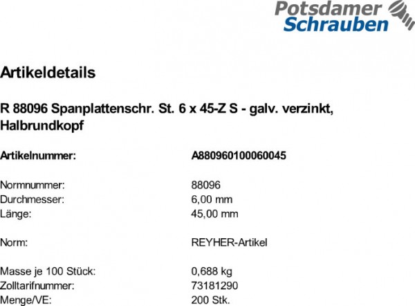 200 Pan Head Spanplattenschrauben verzinkt -Z 6x45