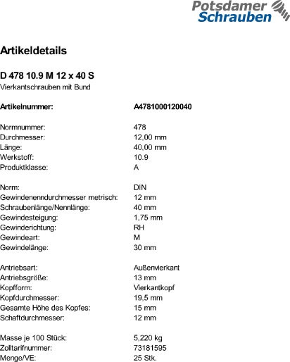 25 Vierkantschrauben DIN 478 10.9 Stahl M12x40