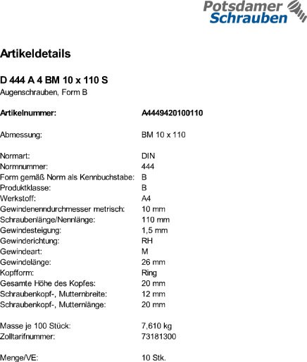 10 Edelstahl V4A Augenschrauben DIN 444 A4 BM10x110