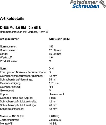 10 Hammerschrauben + Mutter DIN 186 4.6 Stahl BM12x65