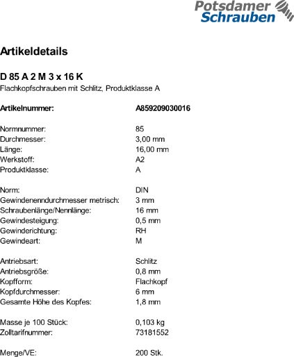 200 Edelstahl V2A Flachkopfschrauben DIN 85 A2 M3x16