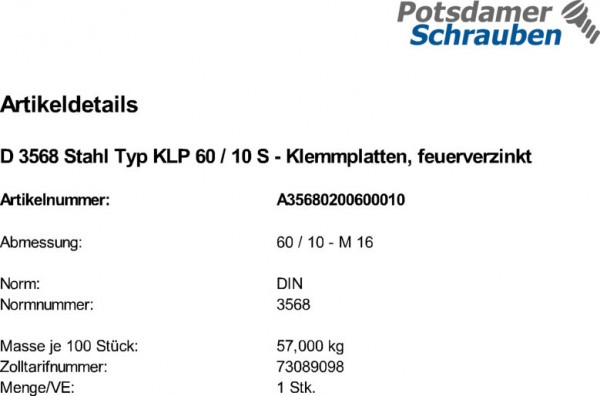 1 Klemmplatten DIN 3568 Stahl Typ KLP 60 / 10 feuerverzinkt tZn