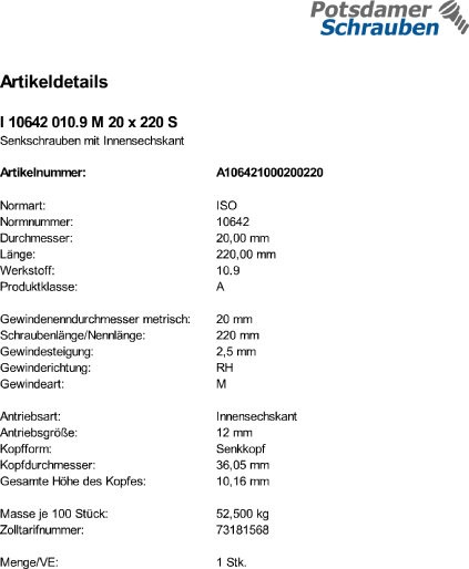 1 Innensechskant Senkkopfschrauben ISO 10642 10.9 schwarz M20x220