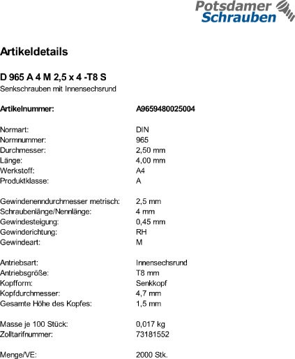 2000 Edelstahl V4A Torx Senkschrauben DIN 965 TX A4 M2,5x4