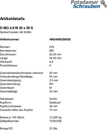 25 Schlitz Senkschrauben DIN 963 4.8 Stahl M20x50