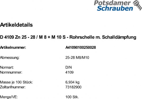 100 Schraubrohrschellen DIN 4109 Zn 25 - 28 / M8 + M10 Rohrschelle mit Schalldämpfung
