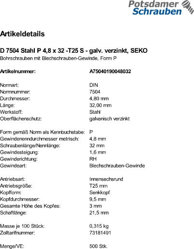 500 Senkkopf Torx Bohrschrauben DIN 7504 verzinkt P 4,8x32 TX