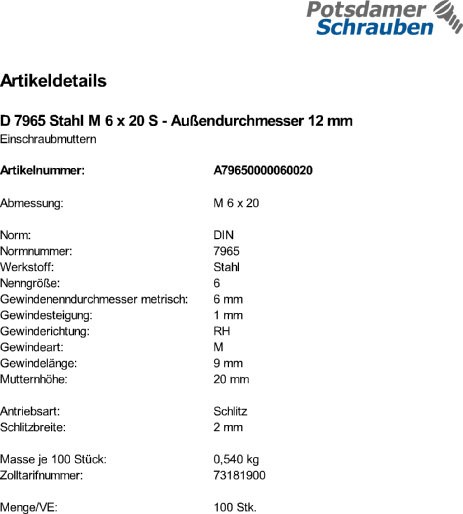 100 Einschraubmuttern DIN 7965 Stahl M6x20 Außendurchmesser 12 mm