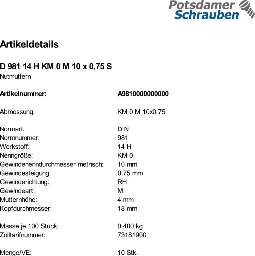 10 Nutmuttern DIN 981 14 H KM0 M10x0,75 Stahl