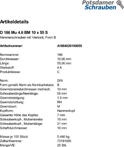 25 Hammerschrauben + Mutter DIN 186 4.6 Stahl BM10x55