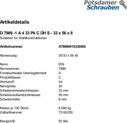 50 Edelstahl V4A Scheiben DIN 7989 -1 A4 33 Pk C ÜH 33x56x8