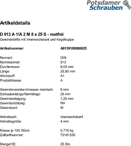 200 Edelstahl Inbus Gewindestifte DIN 913 A1 / A2 M8x25
