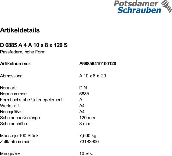 10 Passfedern DIN 6885 A4 A 10x8x120 V4A Edelstahl