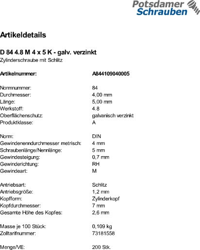 200 Schlitz Zylinderschrauben DIN 84 4.8 verzinkt M4x5