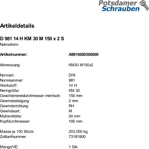 1 Nutmuttern DIN 981 14 H KM30 M150x2 Stahl