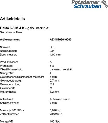100 Sechskantmuttern DIN 934 Kl. 6-8 verzinkt M4