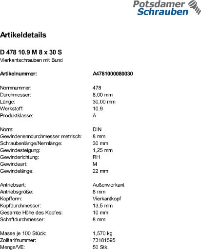 50 Vierkantschrauben DIN 478 10.9 Stahl M8x30