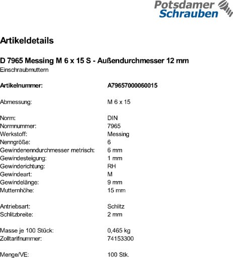 100 Einschraubmuttern DIN 7965 Messing M6x15 Außendurchmesser 12 mMMs