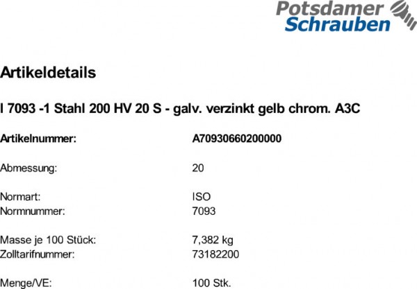 100 Unterlegscheiben ISO 7093 -1 gelb verzinkt 200HV M20