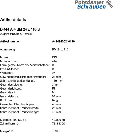 1 Edelstahl V4A Augenschrauben DIN 444 A4 BM24x110