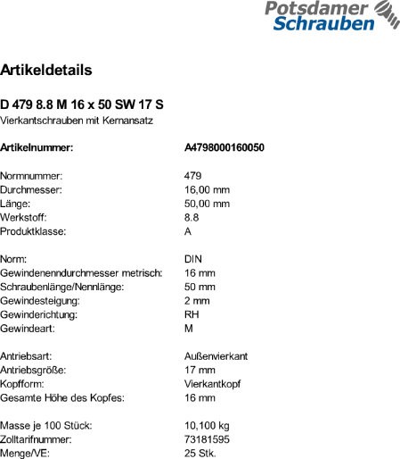 25 Vierkantschrauben DIN 479 8.8 Stahl M16x50