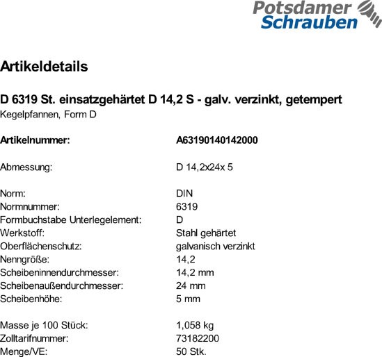 50 Kegelpfannen DIN 6319 St. einsatzgehärtet D 14,2 verzinkt,