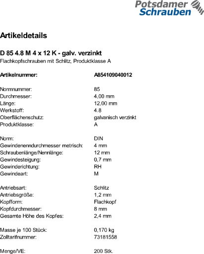 200 Flachkopfschrauben DIN 85 4.8 verzinkt M4x12
