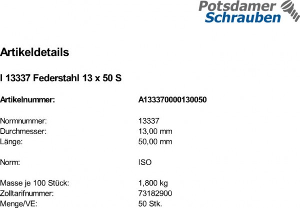 50 Spannstifte Spannhülsen ISO 13337 Federstahl 13x50