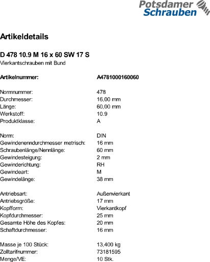 10 Vierkantschrauben DIN 478 10.9 Stahl M16x60