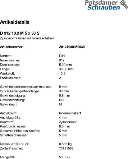 500 Innensechskant Zylinderkopfschrauben DIN 912 10.9 schwarz M5x30