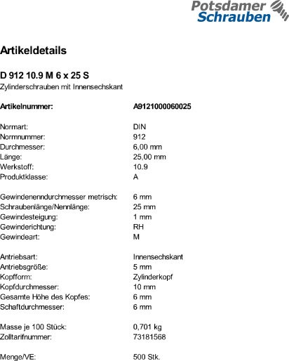 500 Innensechskant Zylinderkopfschrauben DIN 912 10.9 schwarz M6x25