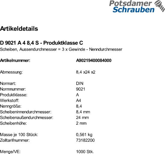 1000 Edelstahl V4A Unterlegscheiben DIN 9021 A4 8,4 mm Ø M8