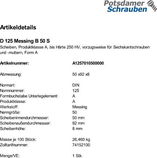 1 Unterlegscheiben DIN 125 Messing Form B 50 Ø M48