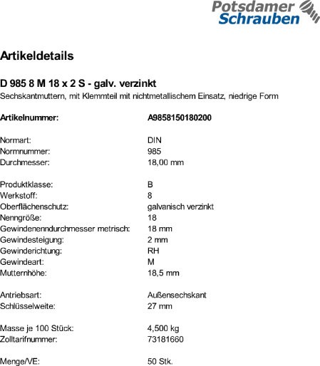 50 Feingewinde Sechskantmuttern DIN 985 Kl. 8 verzinkt M18x2