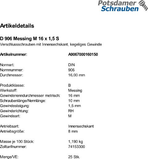 25 Verschlußschrauben DIN 906 Messing M16x1,5 Ms