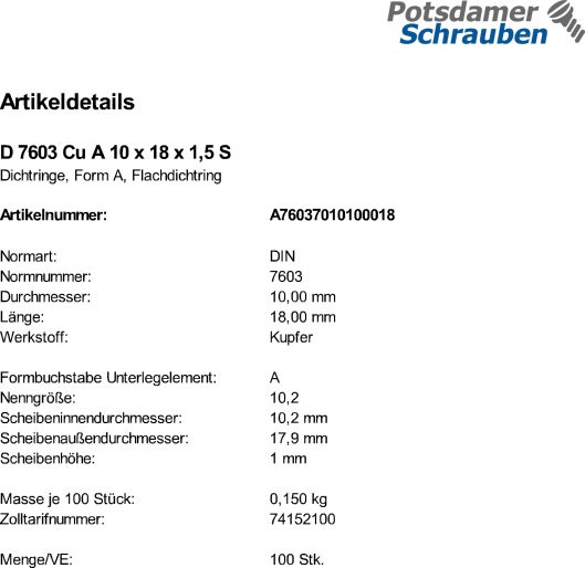 100 Kupfer Dichtringe DIN 7603 Form A 10x18x1,5