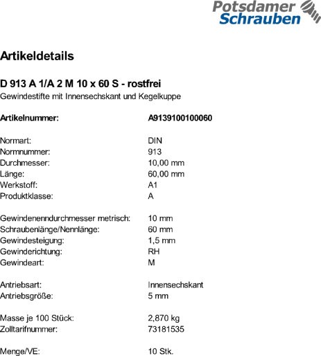 50 Edelstahl Inbus Gewindestifte DIN 913 A1 / A2 M10x60