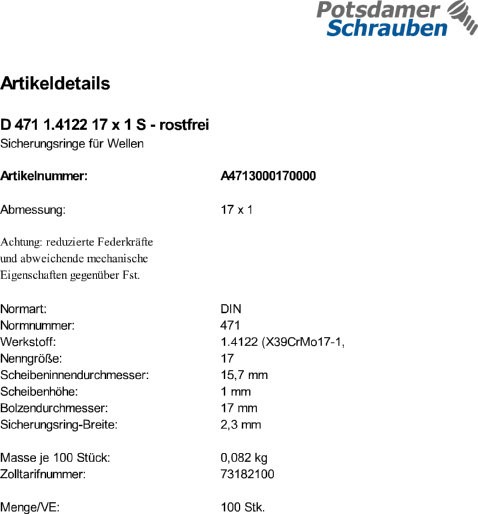 100 Edelstahl Sicherungsringe DIN 471 1.4122 17x1