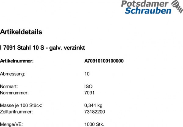 1000 Scheiben ISO 7091 verzinkt 10