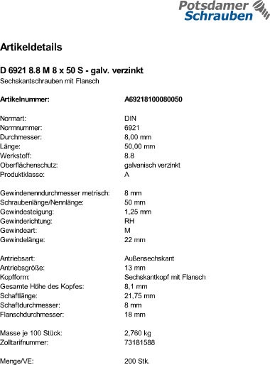 200 Sechskant Flanschschrauben DIN 6921 8.8 verzinkt M8x50