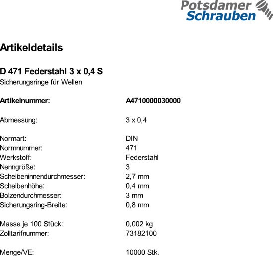 10000 Sicherungsringe DIN 471 Federstahl 3x0,4