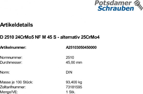 1 Sechskantmuttern DIN 2510 24CrMo5 NF M45 alternativ 25CrMo4