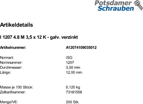 200 Schlitz Zylinderschrauben ISO 1207 4.8 verzinkt M3,5x12