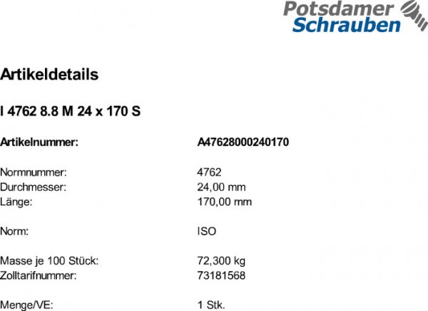 1 Innensechskant Zylinderkopfschrauben ISO 4762 8.8 schwarz M24x170