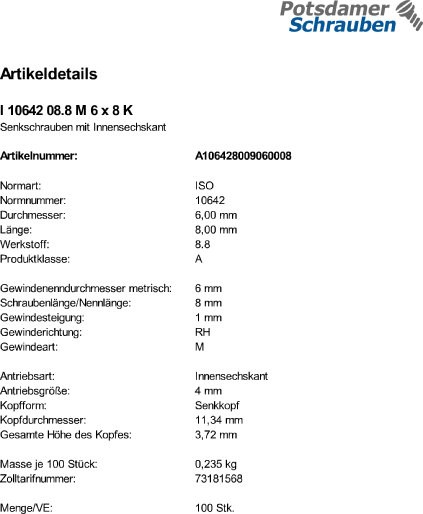 100 Innensechskant Senkkopfschrauben ISO 10642 8.8 schwarz M6x8
