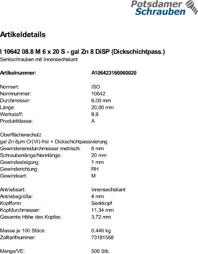 500 Innensechskant Senkkopfschrauben eh. DIN 7991 8.8 M6x20 8 DiSP