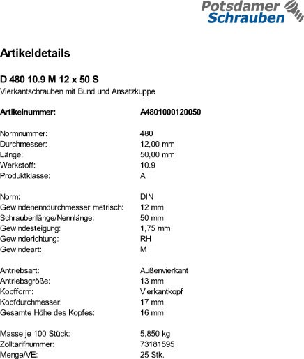 25 Vierkantschrauben DIN 480 10.9 Stahl M12x50