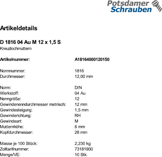 10 Kreuzlochmuttern DIN 1816 04 Au M12x1,5 Stahl